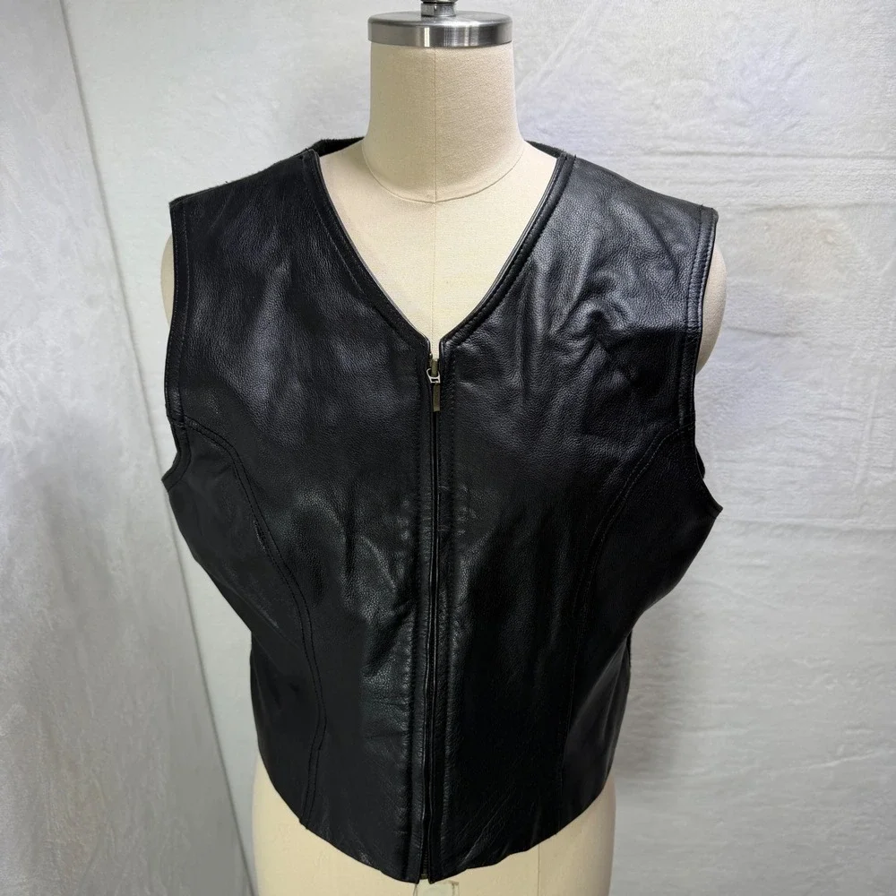 Womens Black M Leather Mixed Knit Back Open Front Crop Vest Biker Hip Chick